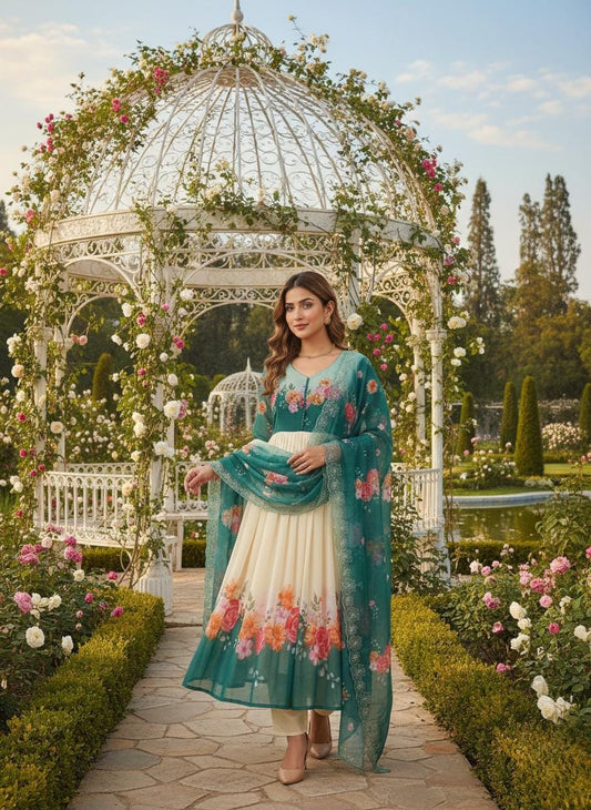 Teal Green Floral Printed Anarkali Suit with Dupatta & Pant | Festive Wear Gown