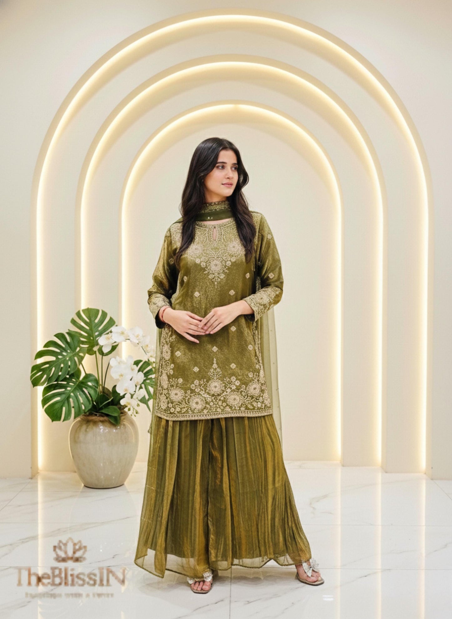 Olive Green Embroidered Kurta with Palazzo Set for Women