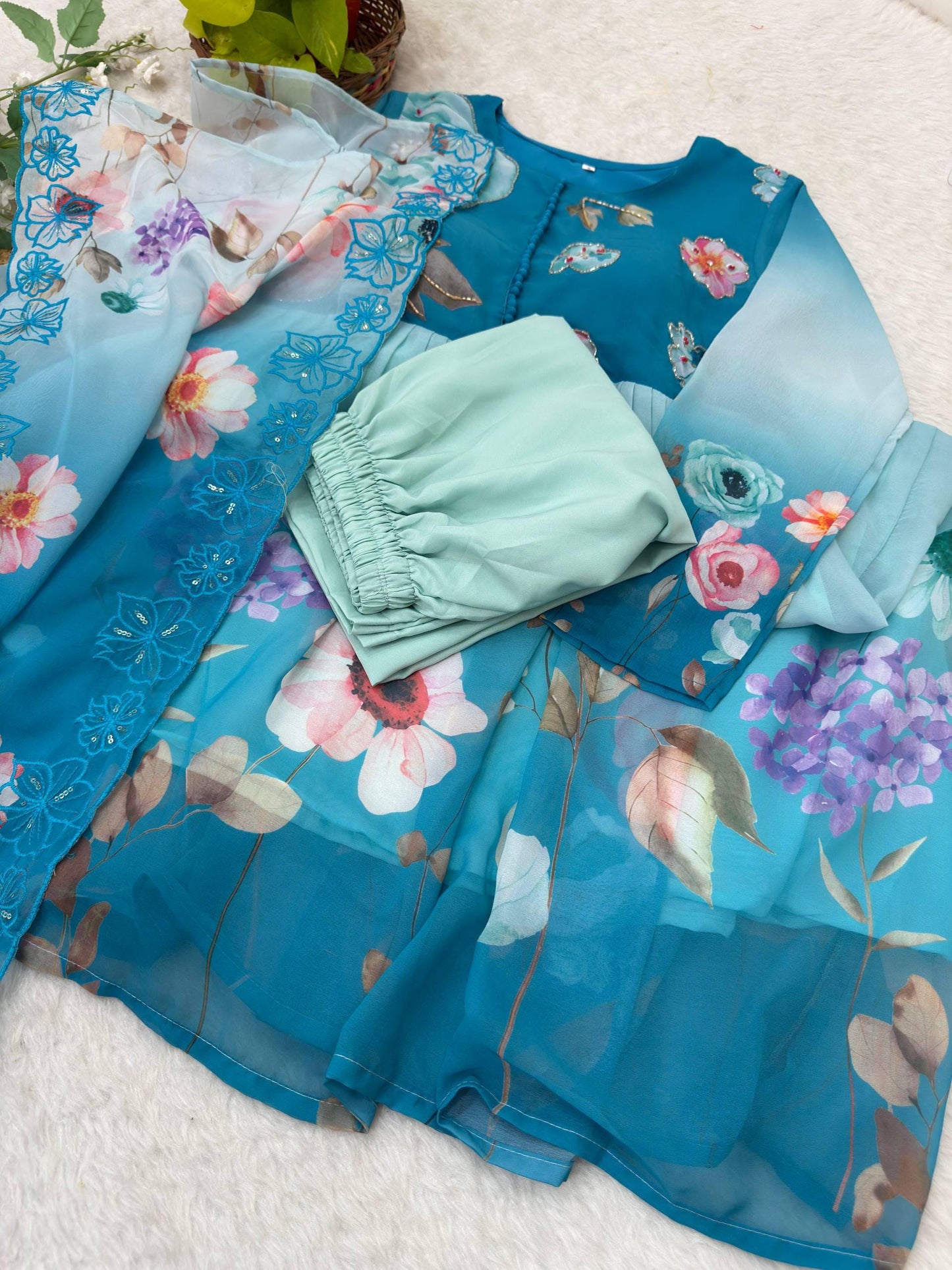 Sky Blue Floral Printed Anarkali Gown Set with Dupatta for Women