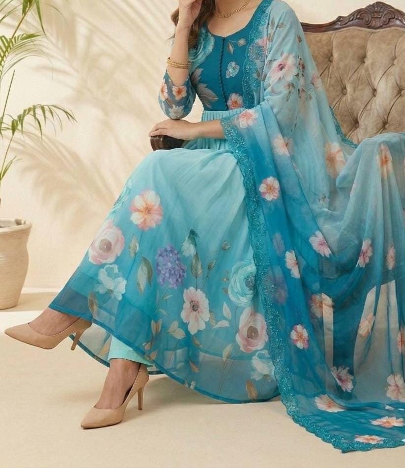 Sky Blue Floral Printed Anarkali Gown Set with Dupatta for Women