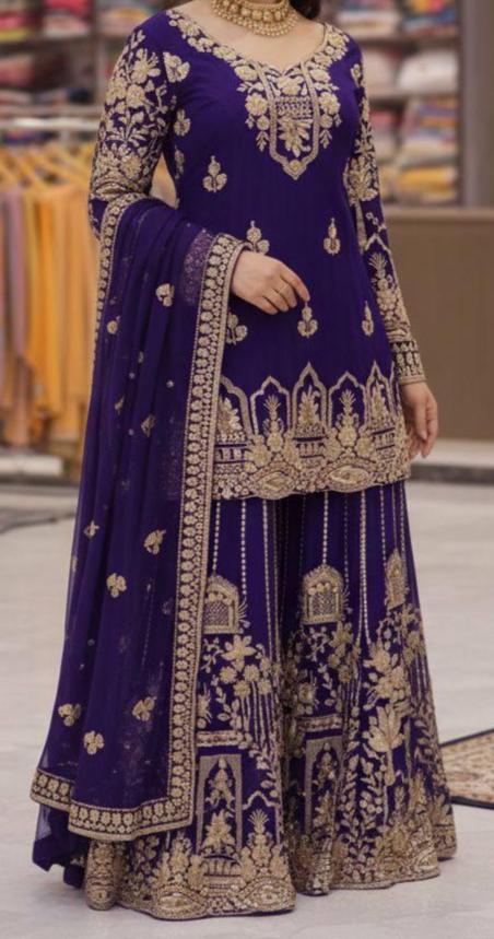 Designer Purple Georgette Palazzo Style Dress With Heavy Embroidery Work