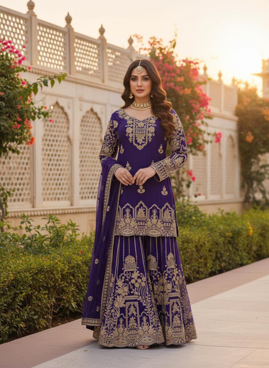 Designer Purple Georgette Palazzo Style Dress With Heavy Embroidery Work