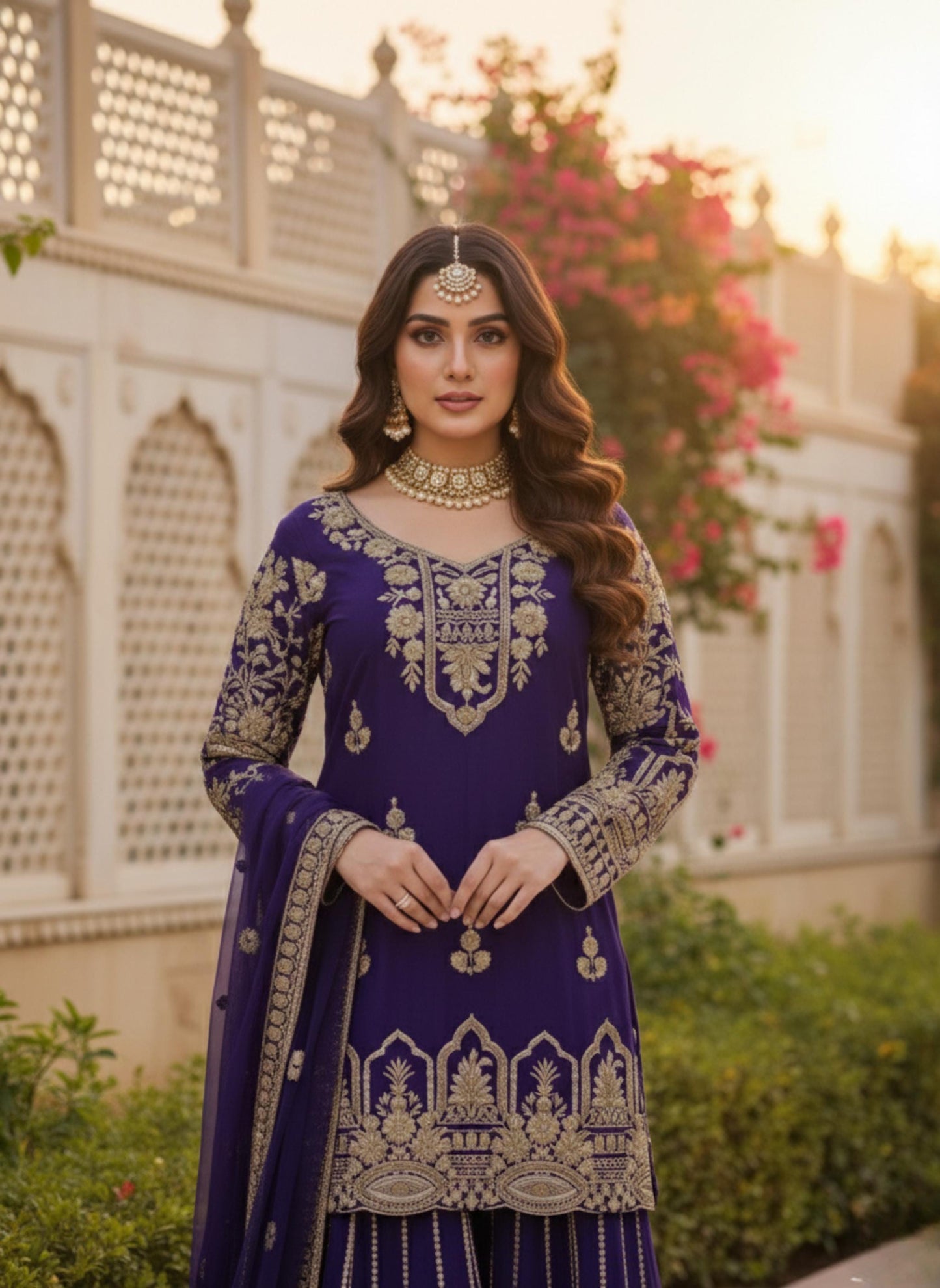 Designer Purple Georgette Palazzo Style Dress With Heavy Embroidery Work