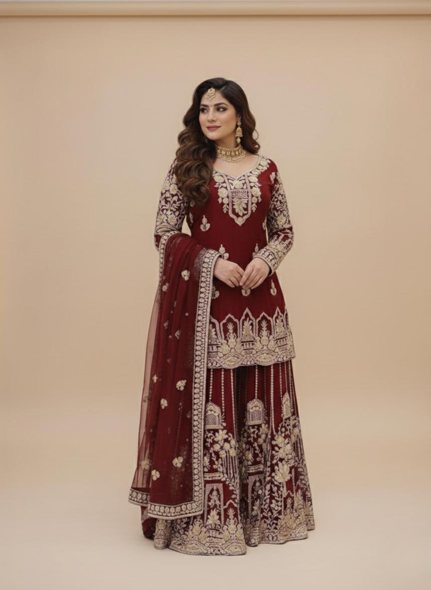 Luxury Maroon Zari Embroidery Kurti Sharara Set
