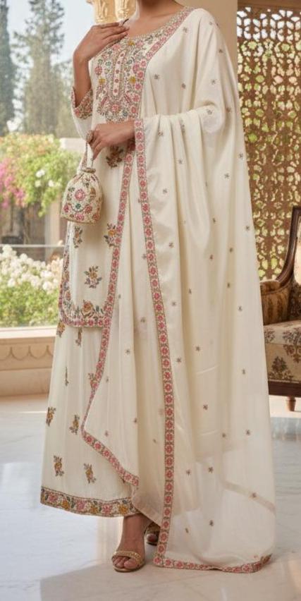 Designer White Embroidered Chinon Silk Kurta Palazzo Set with Dupatta