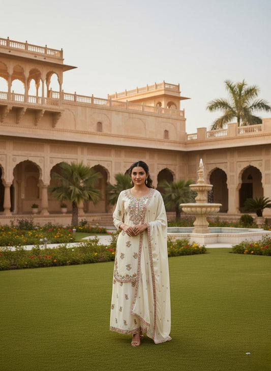 Designer White Embroidered Chinon Silk Kurta Palazzo Set with Dupatta