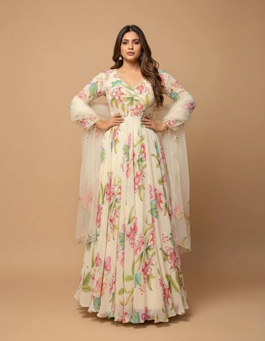 White Faux Georgette Gown with Organza Dupatta With Floral Digital Print