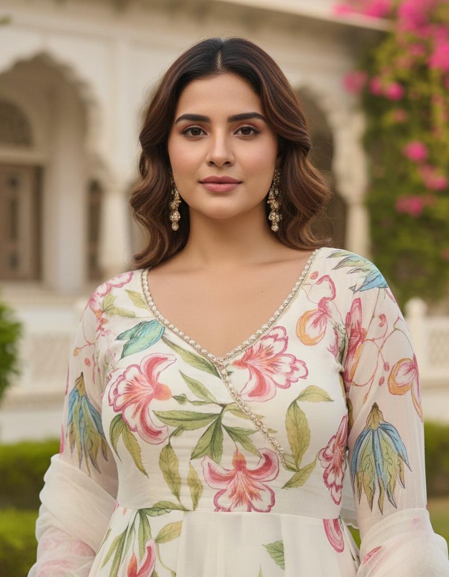 White Faux Georgette Gown with Organza Dupatta With Floral Digital Print