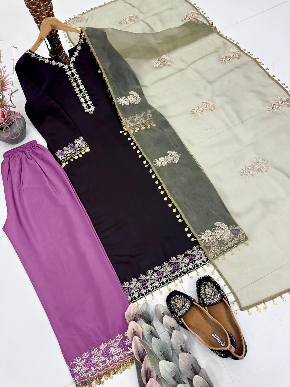 Black Embroidered Kurta with Purple Palazzo & Organza Dupatta Set for Women