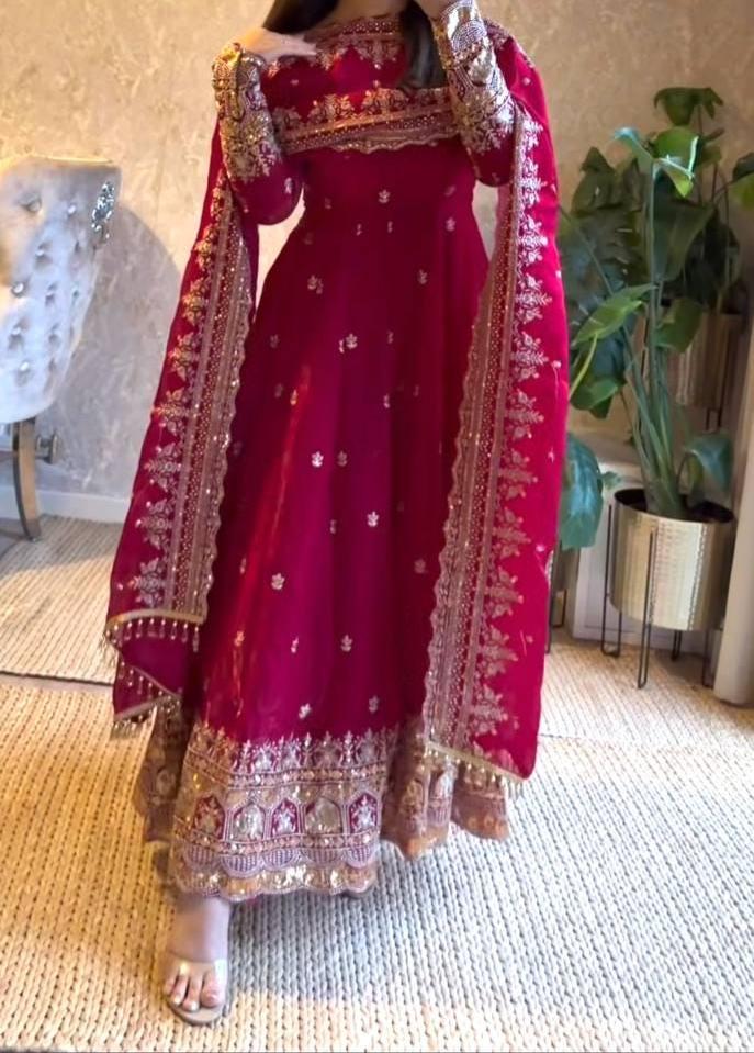 PInk Embroidered Anarkali Gown for Women with Heavy Border & Full Sleeves