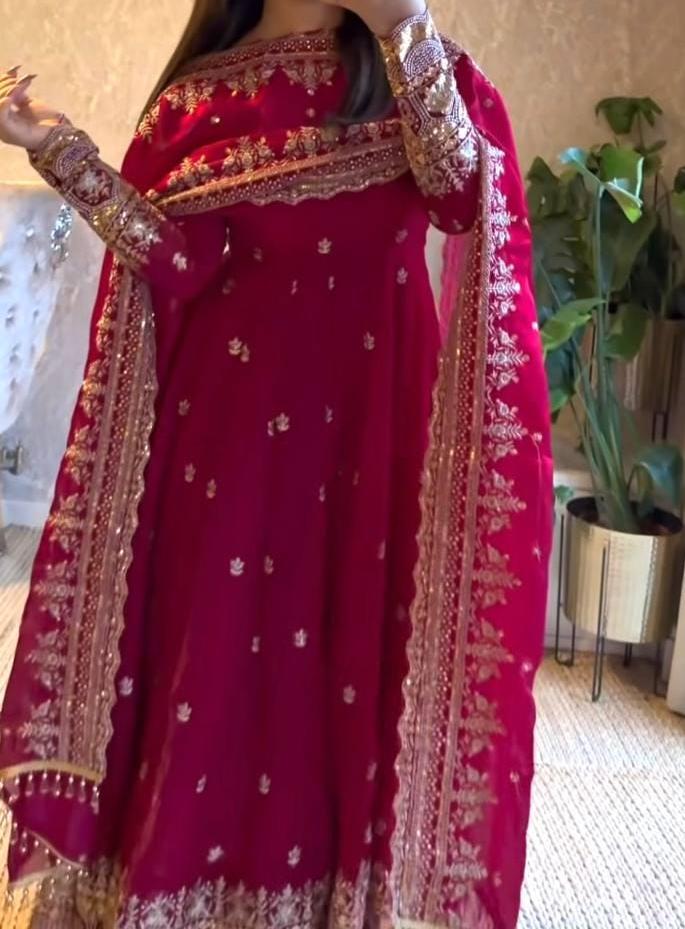 PInk Embroidered Anarkali Gown for Women with Heavy Border & Full Sleeves