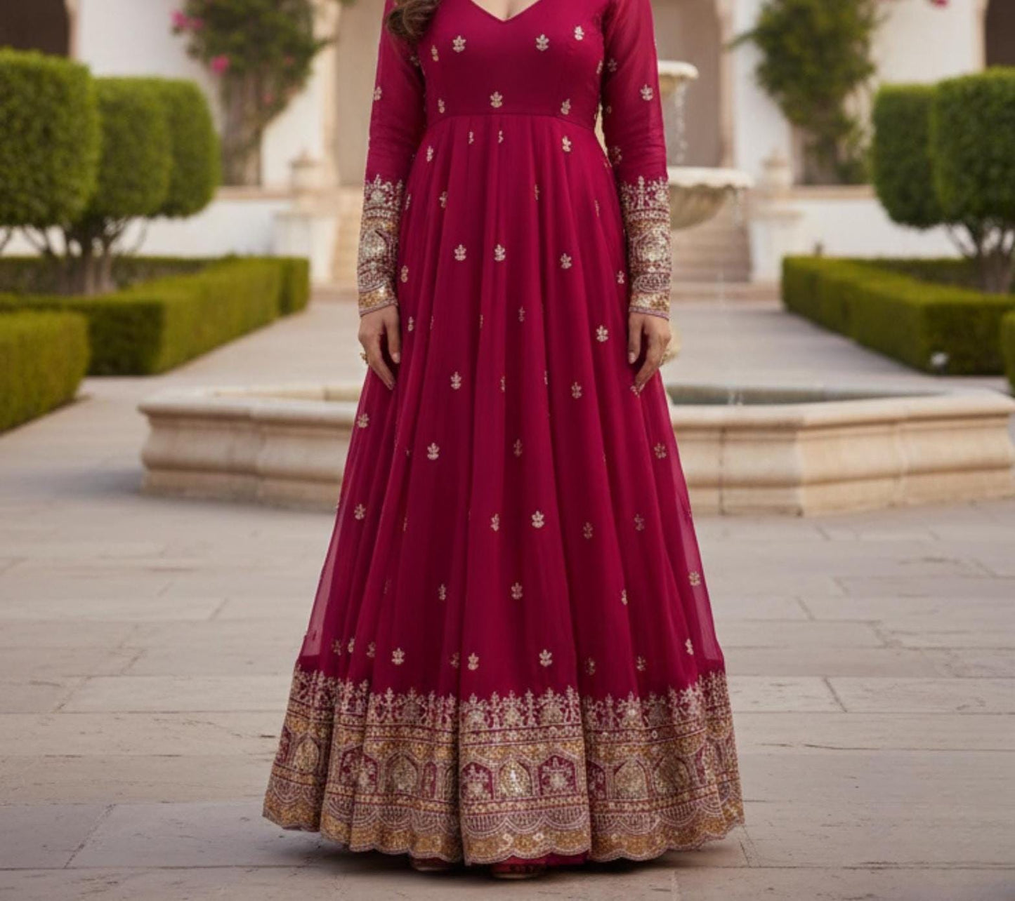 PInk Embroidered Anarkali Gown for Women with Heavy Border & Full Sleeves