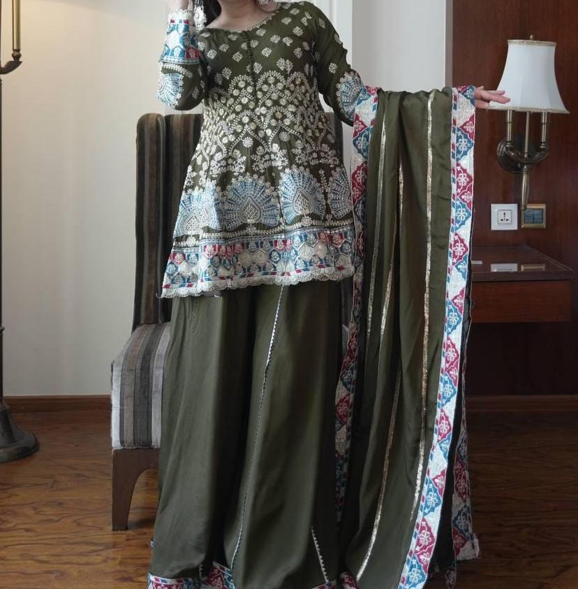 Olive Green Chinon Embroidered Kurta Palazzo Dupatta Set | Festive Ethnic Wear