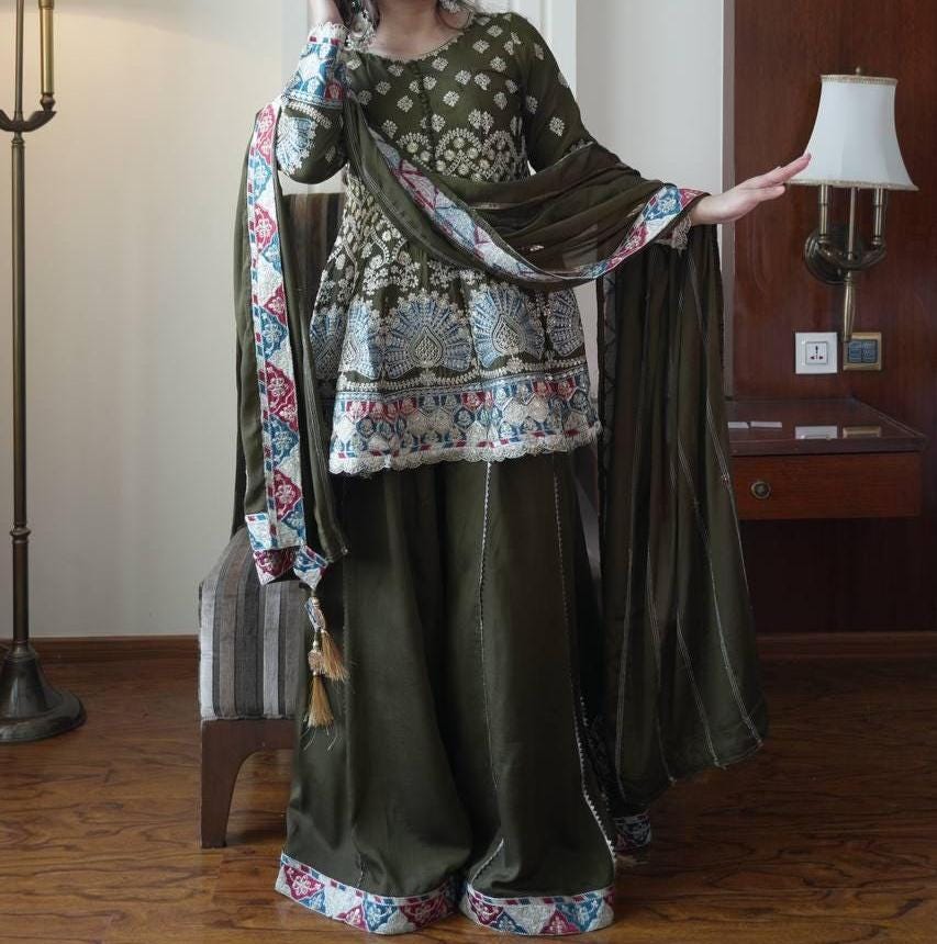 Olive Green Chinon Embroidered Kurta Palazzo Dupatta Set | Festive Ethnic Wear