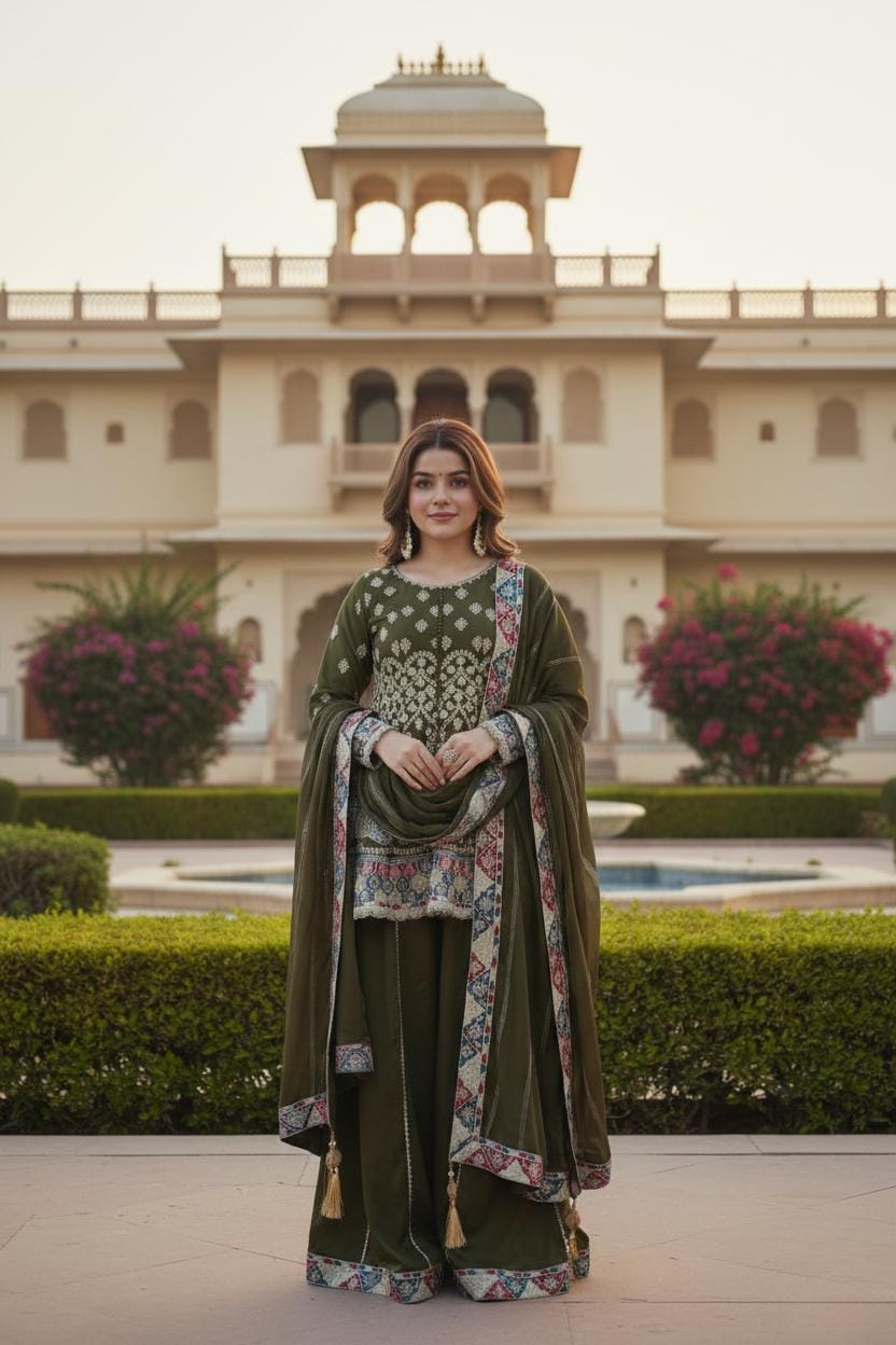 Olive Green Chinon Embroidered Kurta Palazzo Dupatta Set | Festive Ethnic Wear