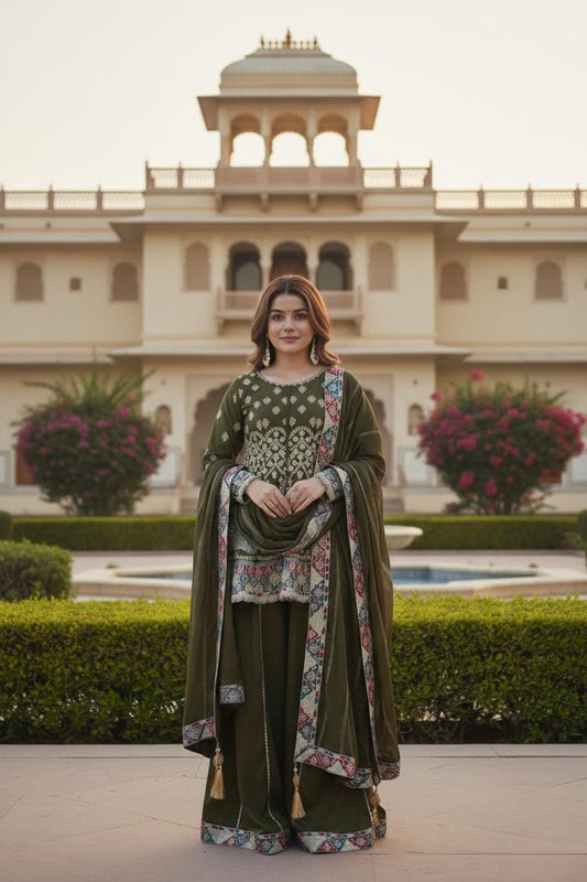 Olive Green Chinon Embroidered Kurta Palazzo Dupatta Set | Festive Ethnic Wear