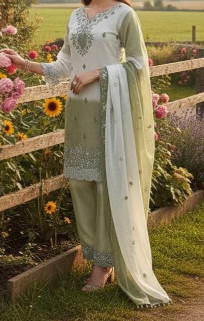 Sage Green Embroidered Pakistani Suit Set with Dupatta Salwar Kameez for Women