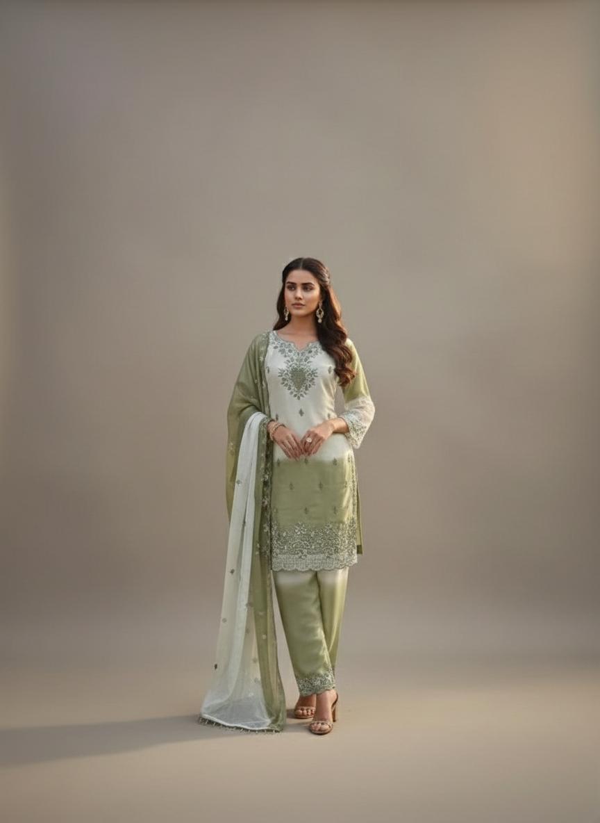 Sage Green Embroidered Pakistani Suit Set with Dupatta Salwar Kameez for Women