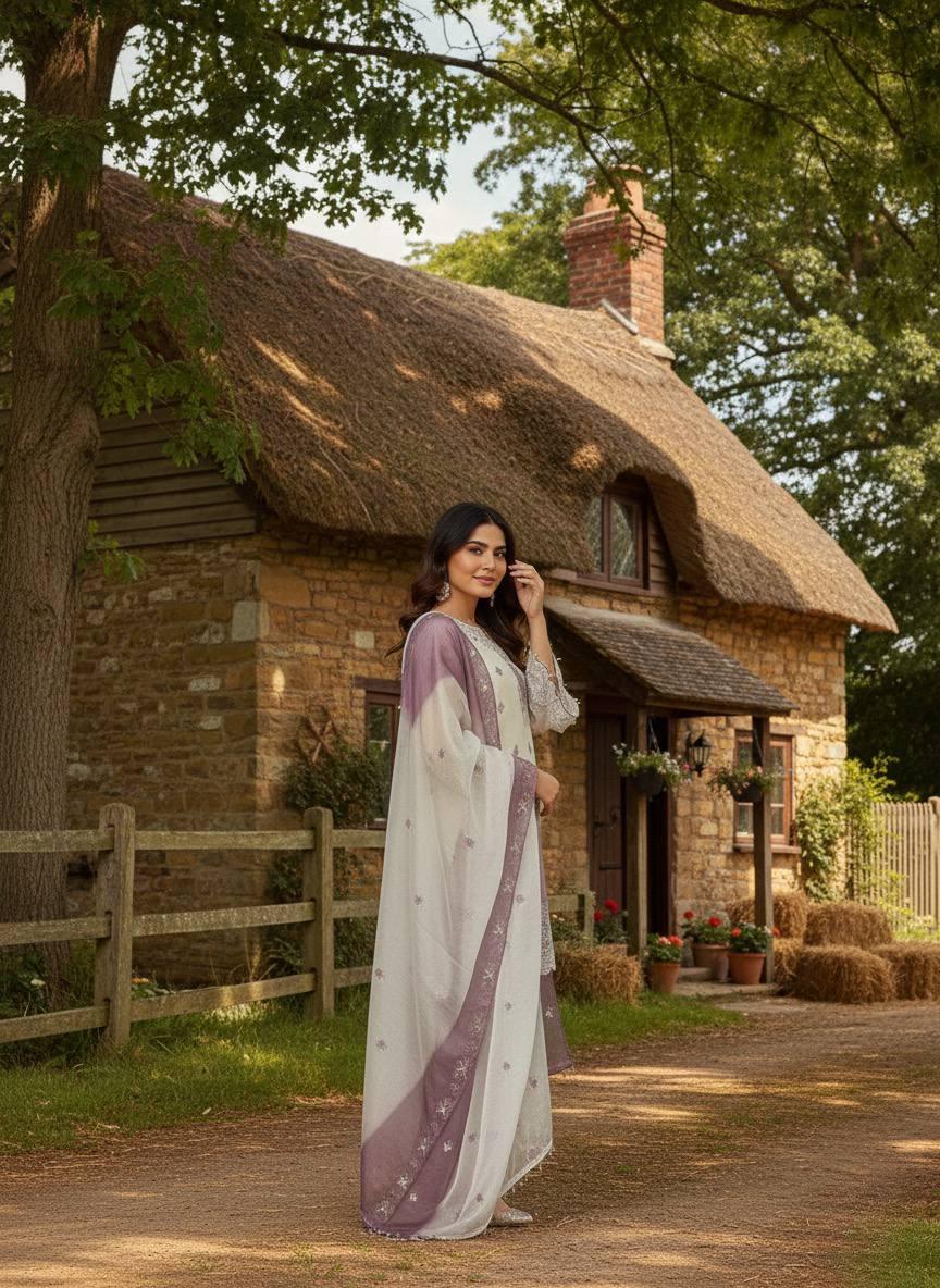 White & Mauve Embroidered Pakistani Suit Set with Dupatta Salwar Kameez for Women