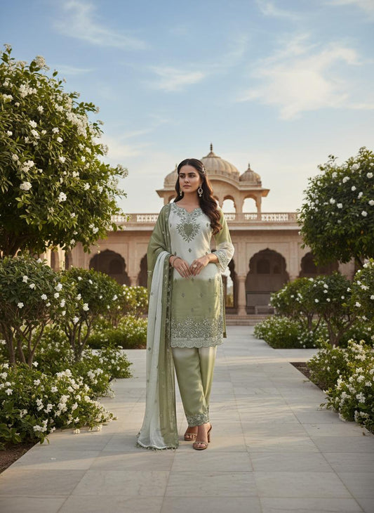 Sage Green Embroidered Pakistani Suit Set with Dupatta Salwar Kameez for Women