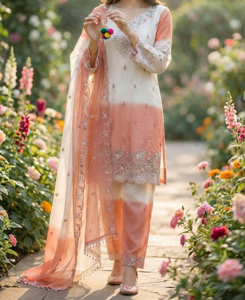 Pink Ombre Embroidered Pakistani Suit Set with Organza Dupatta | Elegant Festive & Party Wear