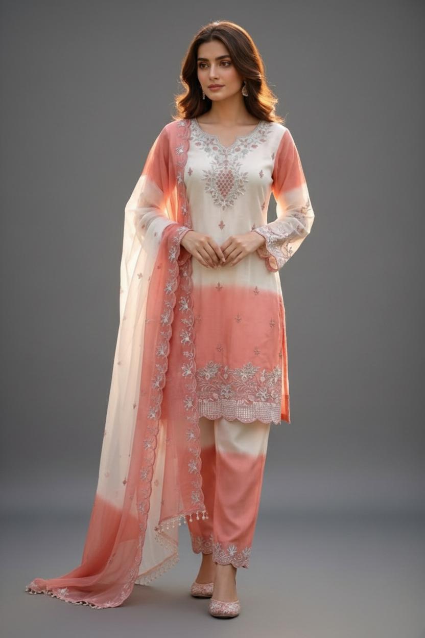 Pink Ombre Embroidered Pakistani Suit Set with Organza Dupatta | Elegant Festive & Party Wear