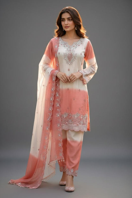 Pink Ombre Embroidered Pakistani Suit Set with Organza Dupatta | Elegant Festive & Party Wear