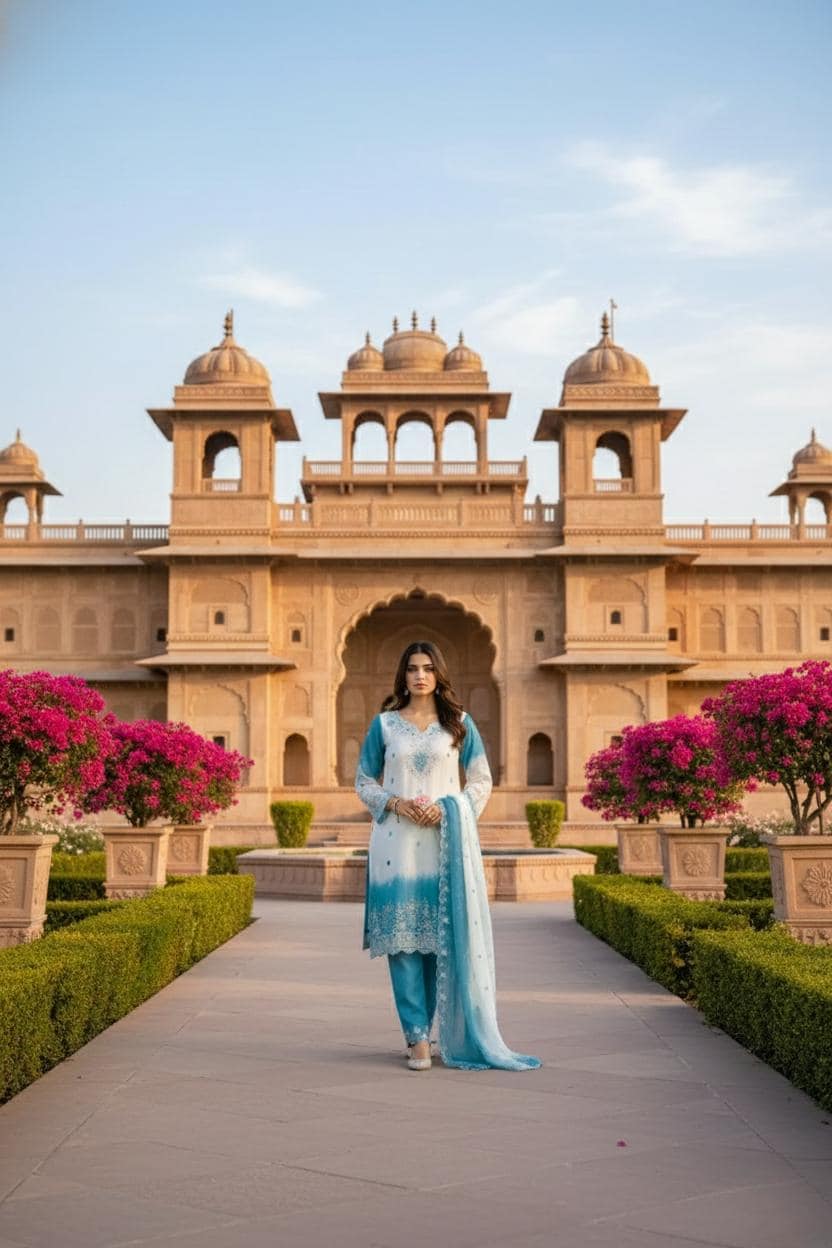 Sky Blue Ombre Embroidered Pakistani Suit Set with Organza Dupatta
