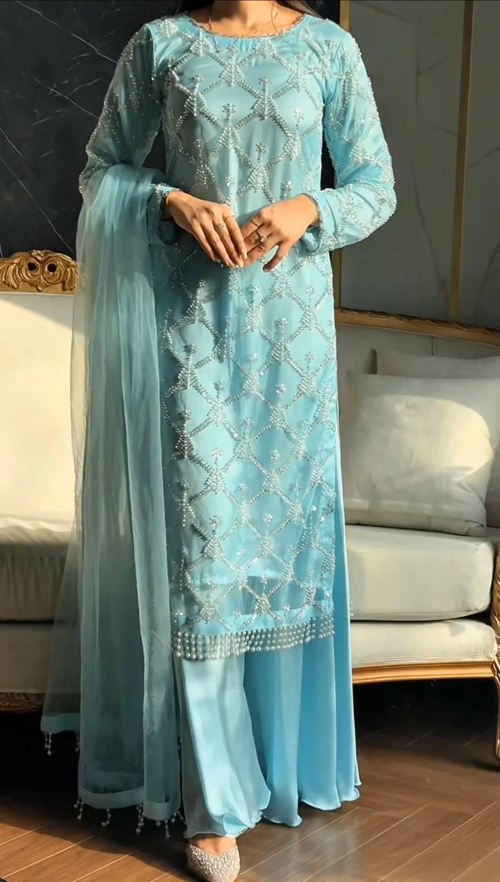 Sky Blue Heavy Embroidered Net Suit Set with Pearl Work & Dupatta