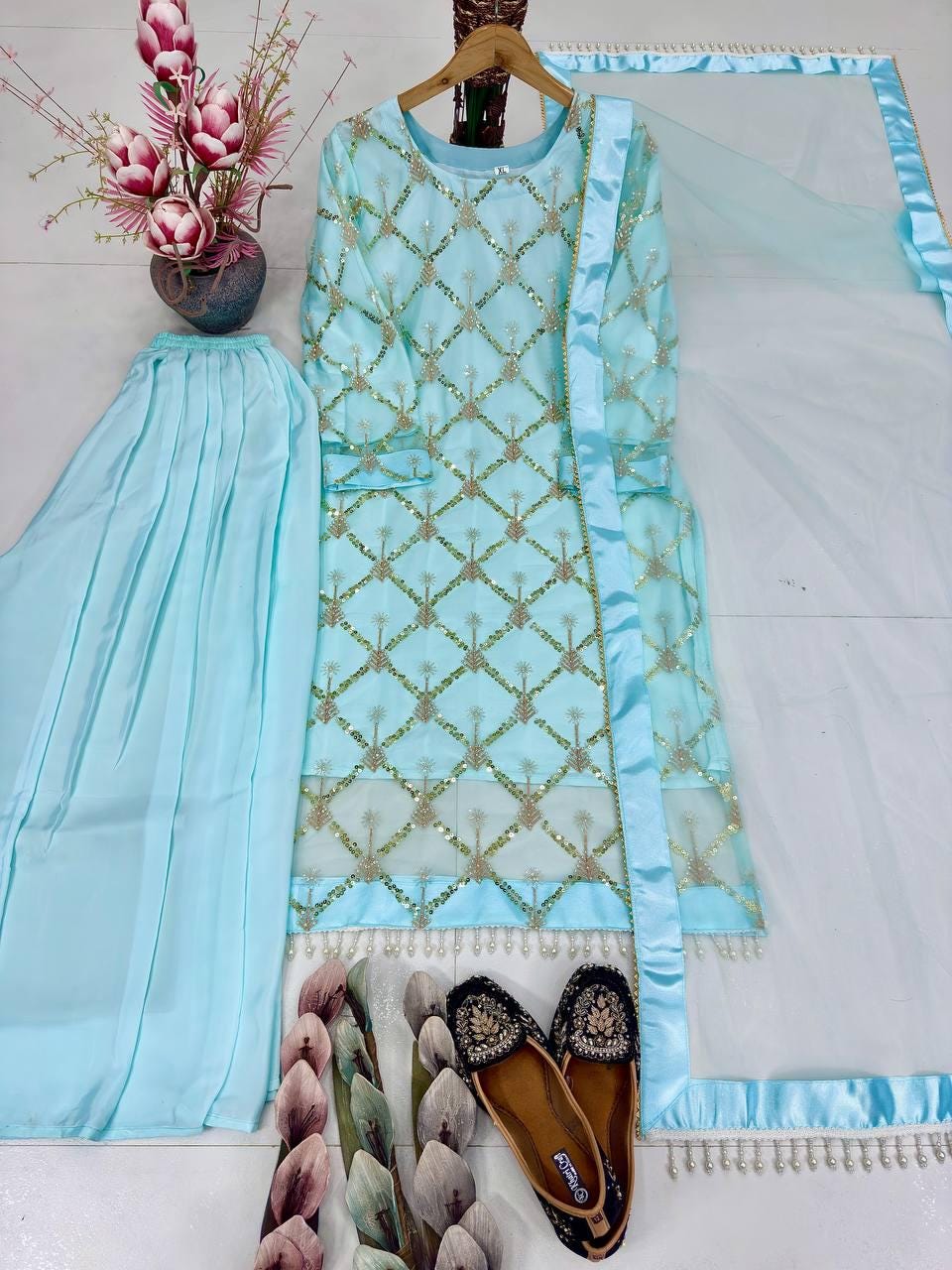Sky Blue Heavy Embroidered Net Suit Set with Pearl Work & Dupatta