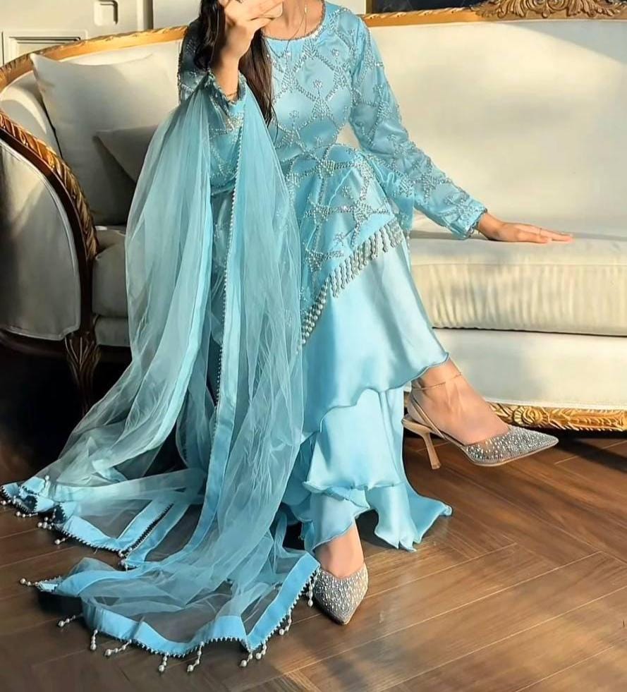 Sky Blue Heavy Embroidered Net Suit Set with Pearl Work & Dupatta