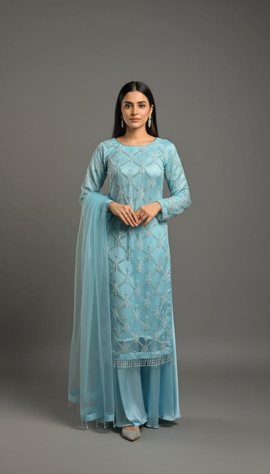 Sky Blue Heavy Embroidered Net Suit Set with Pearl Work & Dupatta