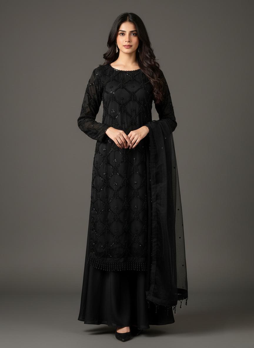 Designer Black Heavy Embroidered Soft Net Party Wear Suit Set with Pearl Work & Dupatta