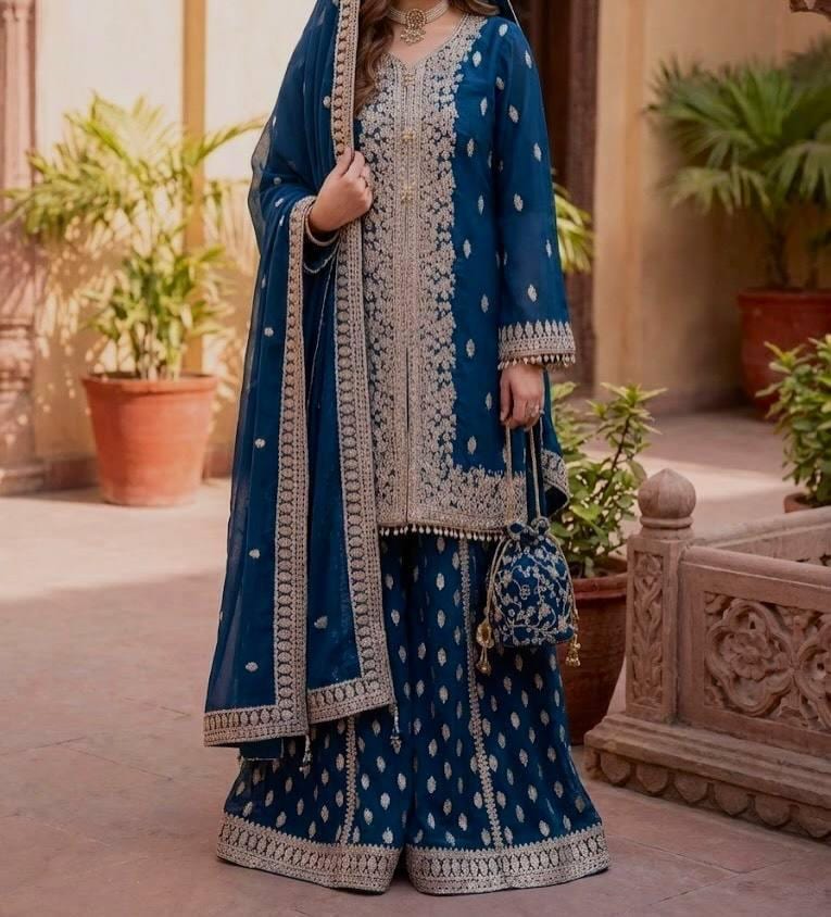 Pakistani Royal Blue Wedding Sharara & Kurta Set