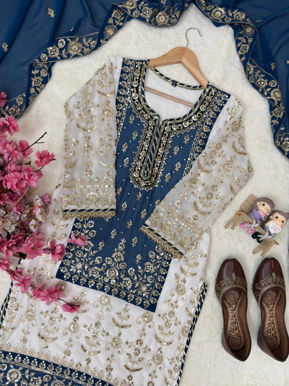 Pakistani Blue Wedding Outfit | Heavy Sequence Embroidery | Ready to Wear