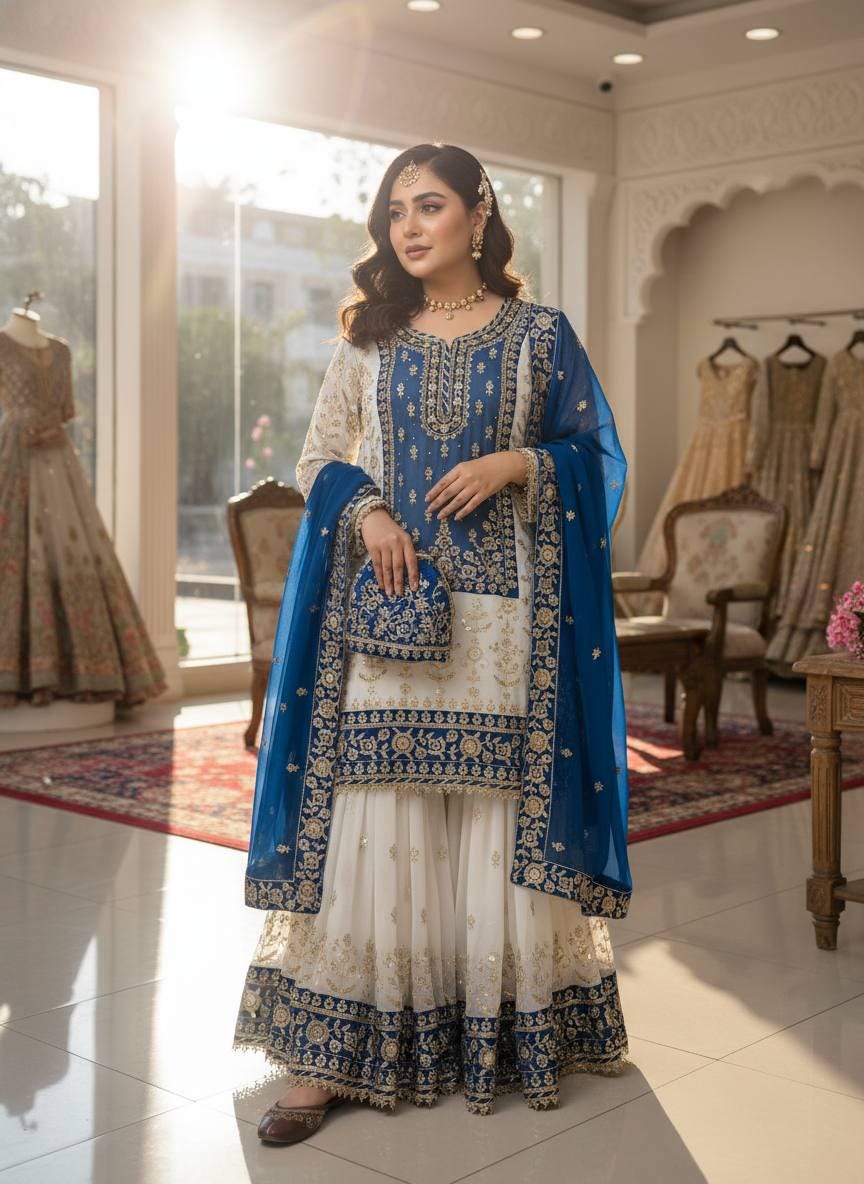 Pakistani Blue Wedding Outfit | Heavy Sequence Embroidery | Ready to Wear