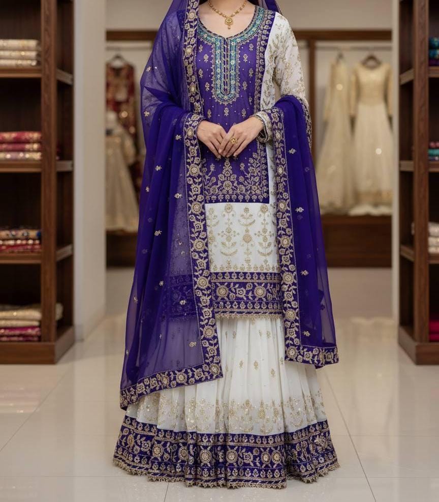 Designer Purple Sharara Set with Gold Zari Work - Traditional Indian Party Wear