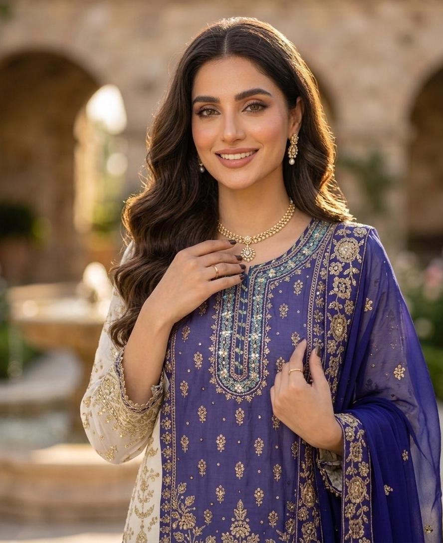 Designer Purple Sharara Set with Gold Zari Work - Traditional Indian Party Wear