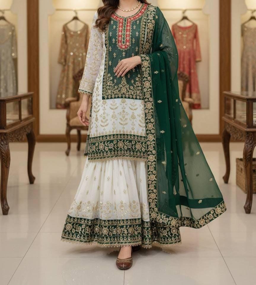 Pakistani Green Georgette Sharara For Women - Eid Outfit