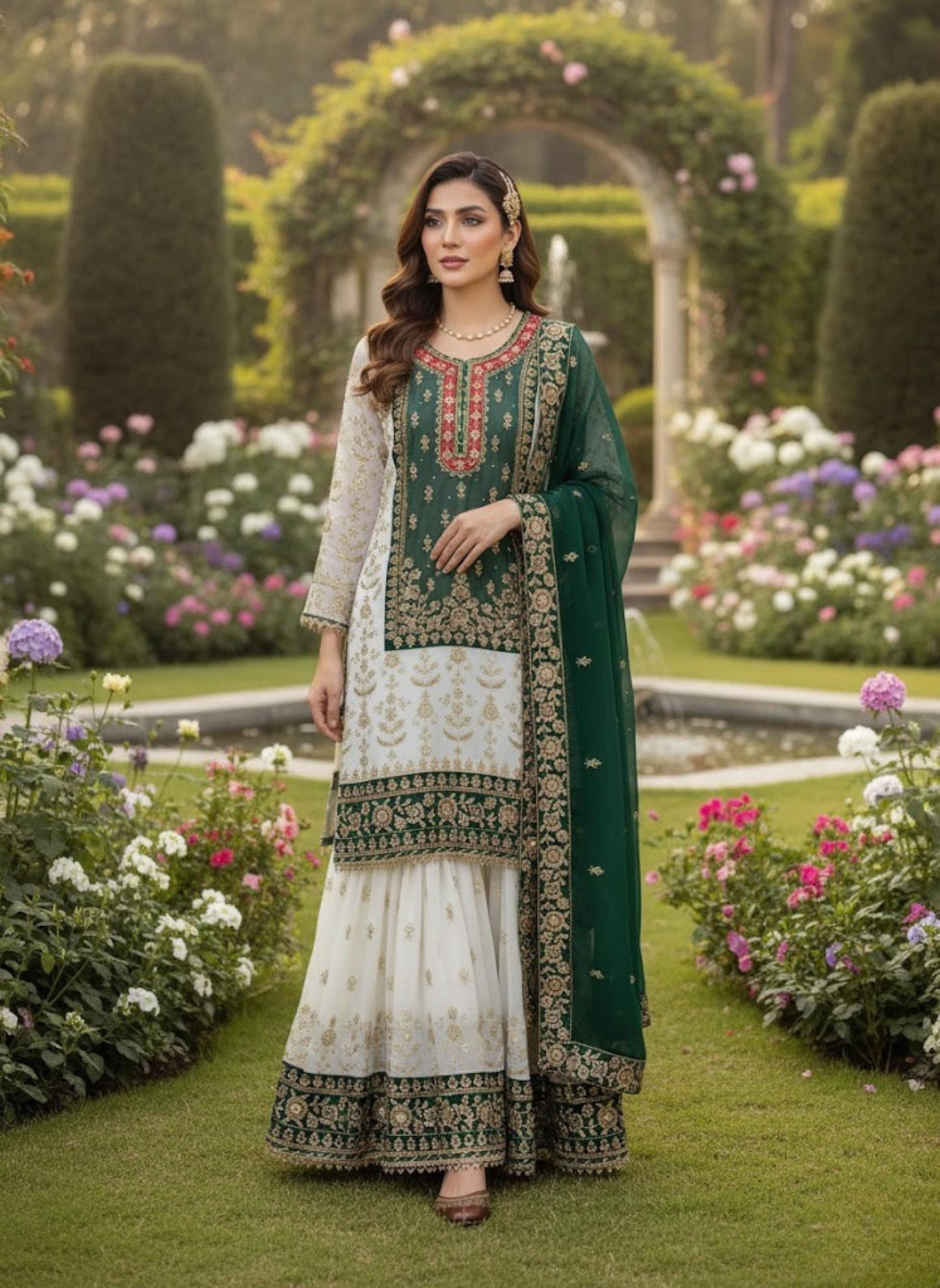 Pakistani Green Georgette Sharara For Women - Eid Outfit