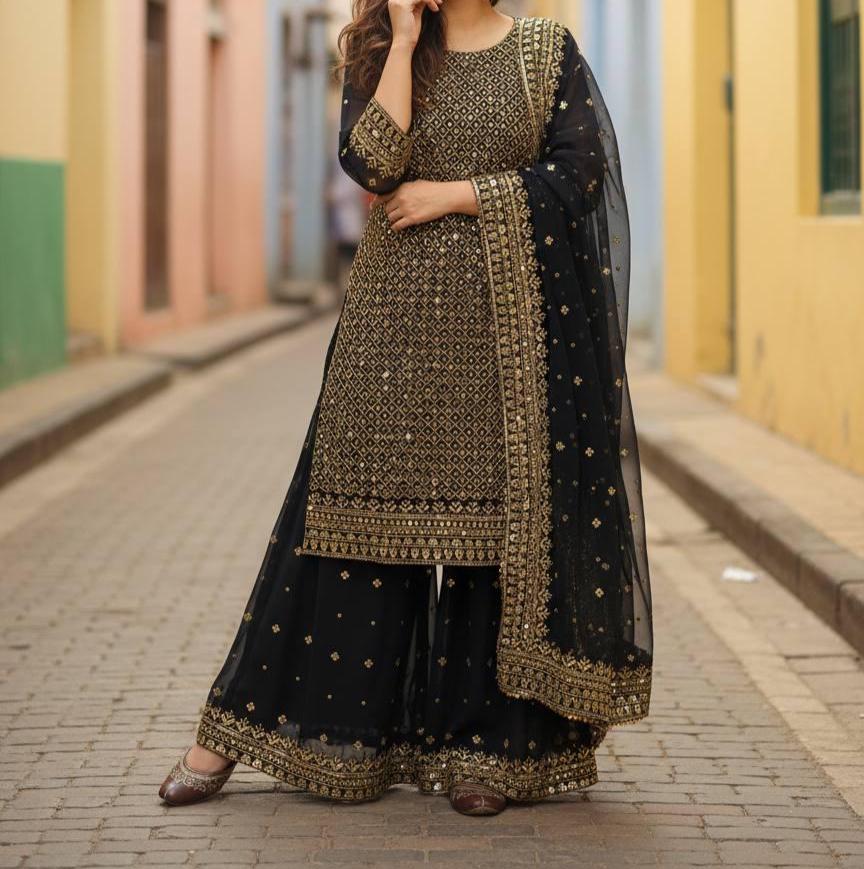 Designer Black Georgette Heavy Work Gold Kurta and Flared Palazzo Suit