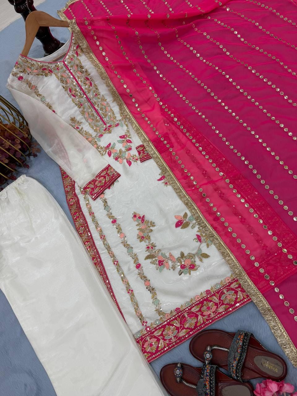 White Silk with Heavy Embroidery With Bright Pink Dupatta Fancy Lace Border