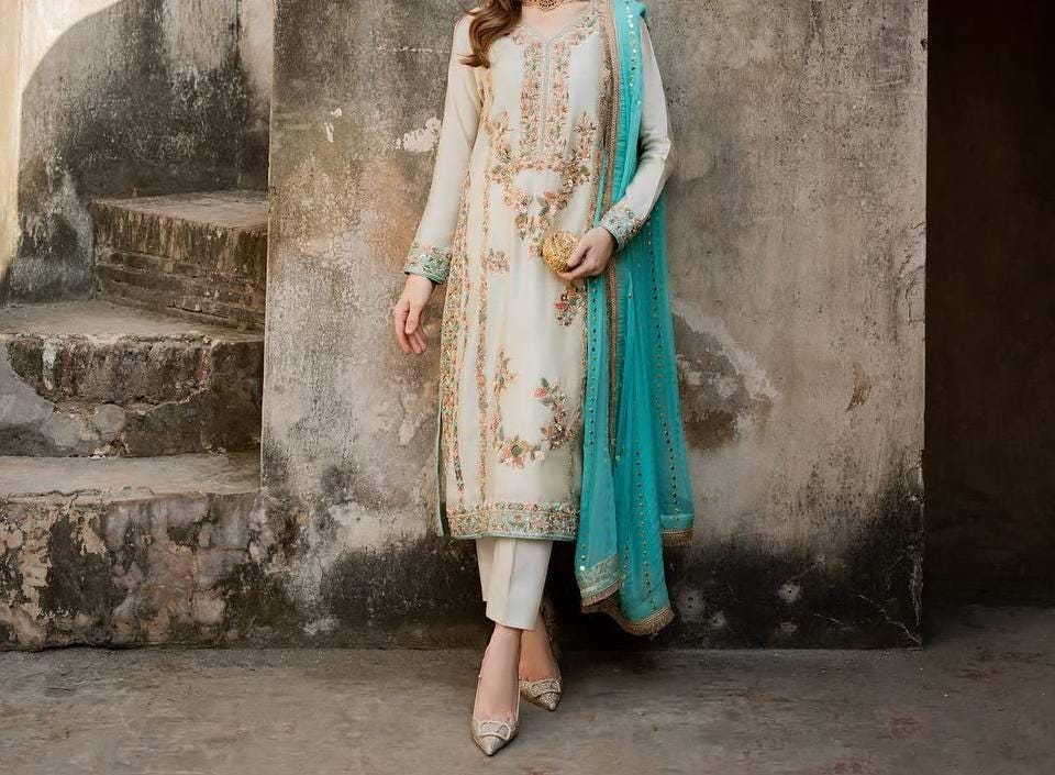 White Pure Silk Long Kurta With Blue Dupatta Wedding Suit For Women
