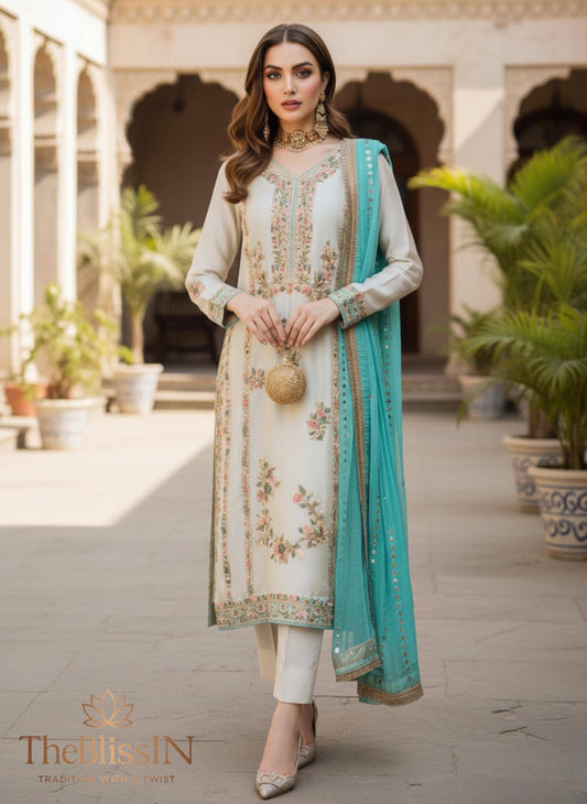 White Pure Silk Long Kurta With Blue Dupatta Wedding Suit For Women