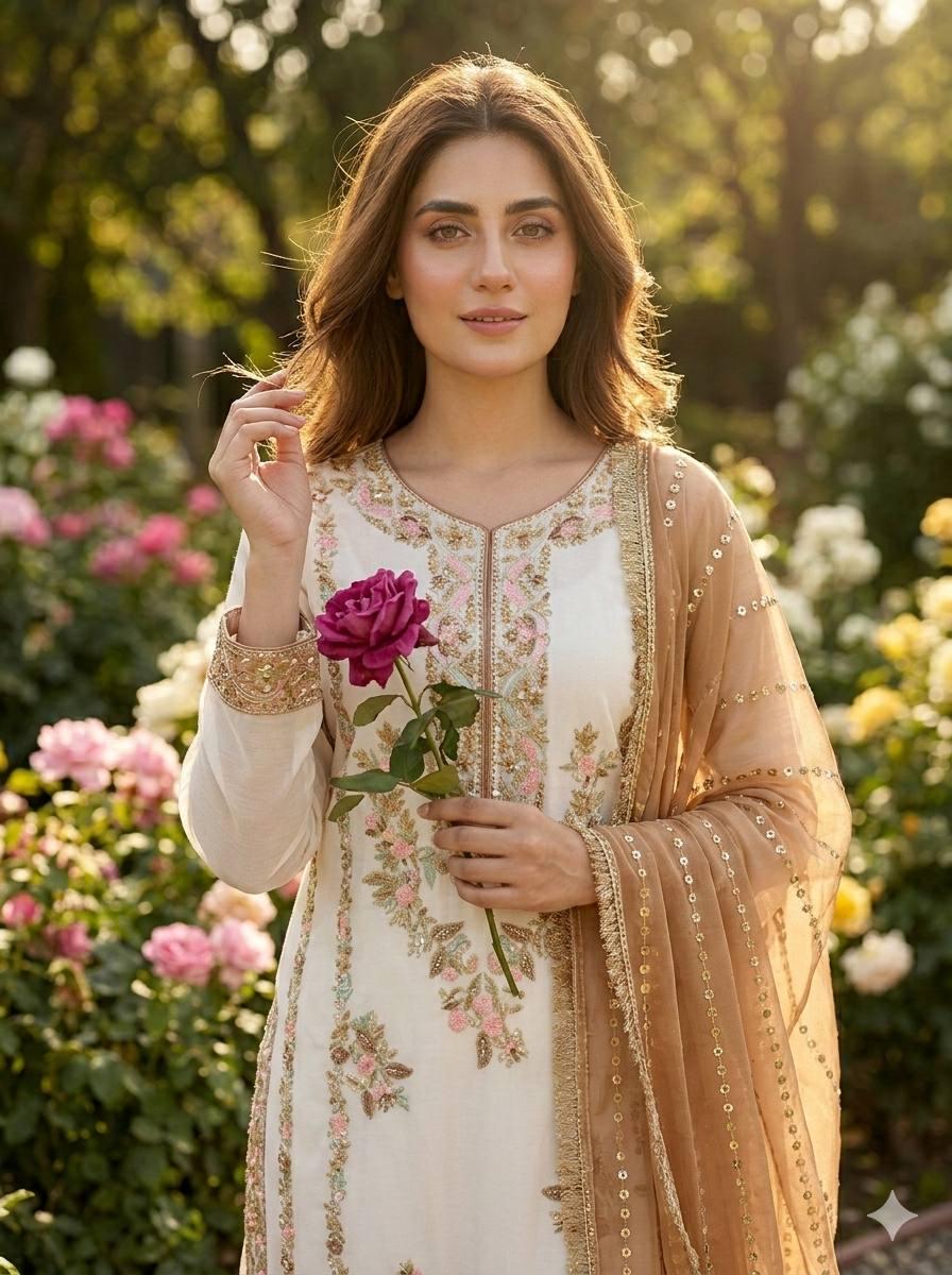 Pakistani White Kurta and Brown Dupatta Set