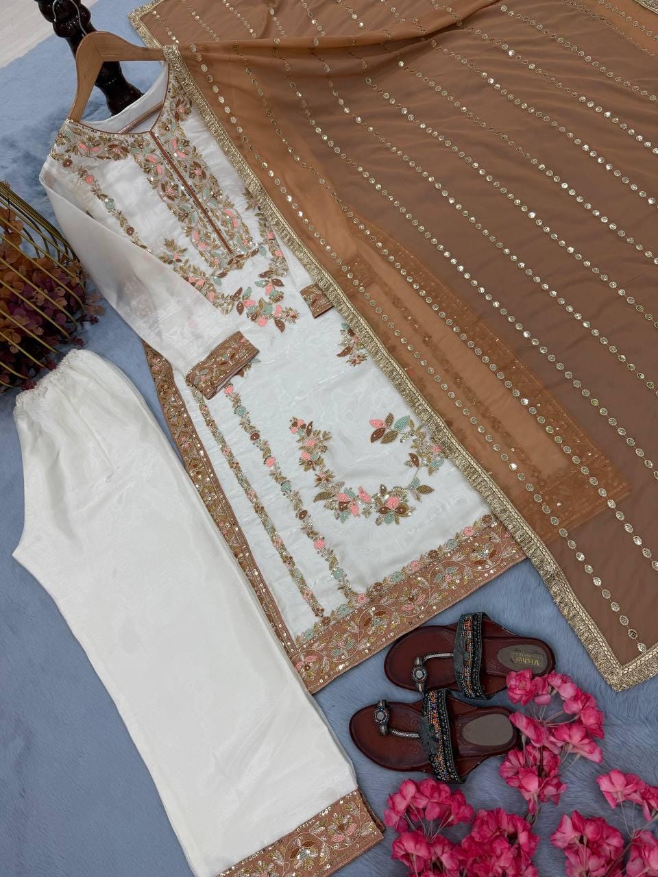 Pakistani White Kurta and Brown Dupatta Set
