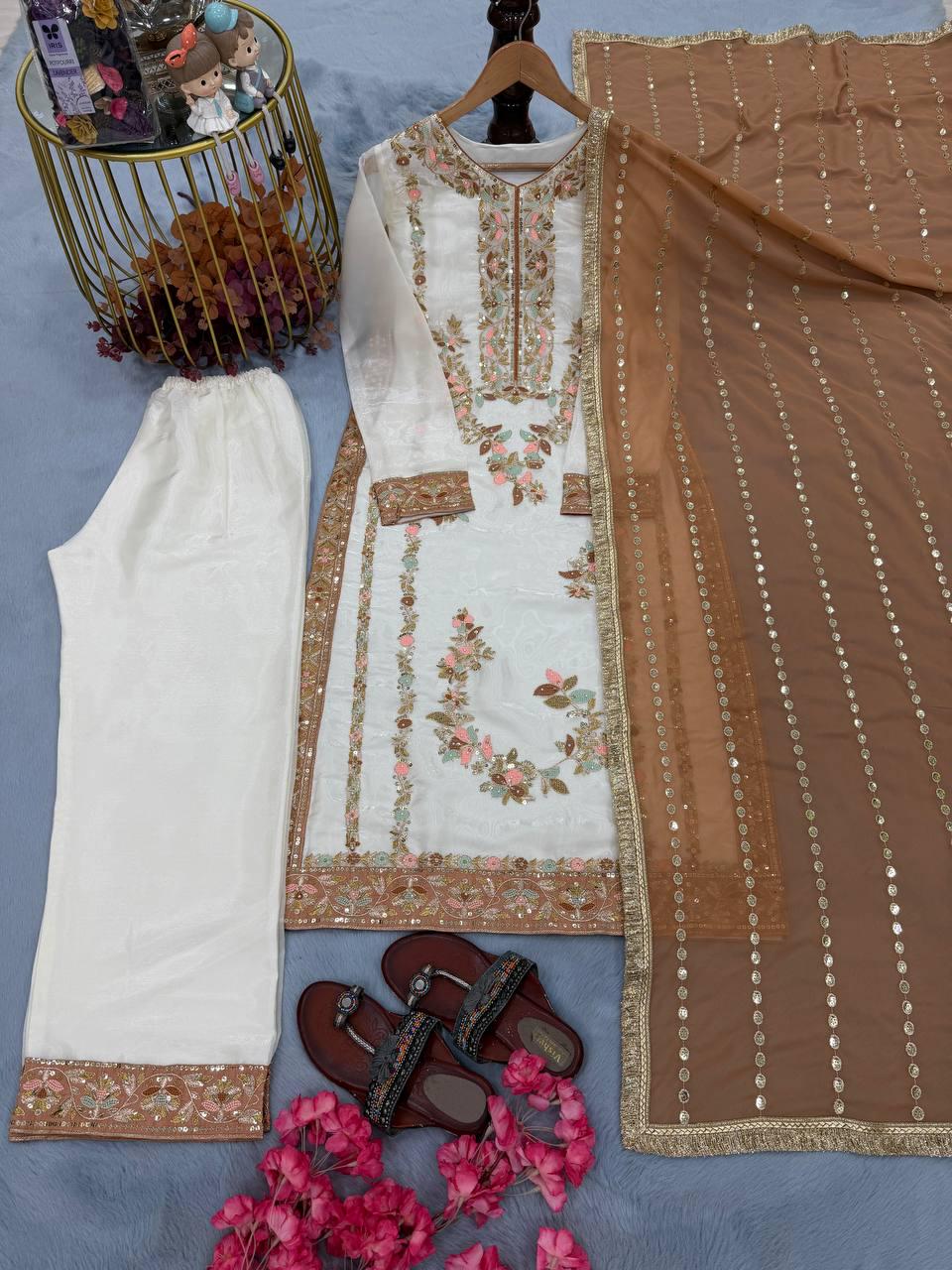 Pakistani White Kurta and Brown Dupatta Set