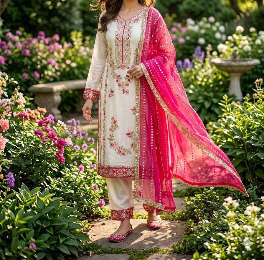 White Silk with Heavy Embroidery With Bright Pink Dupatta Fancy Lace Border