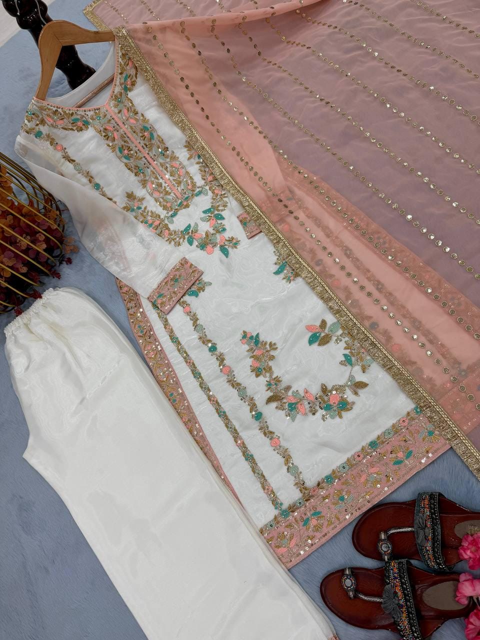 White  Embroidered Kurti Palazzo Set with Peach Dupatta for Women - Festive Wear Suit