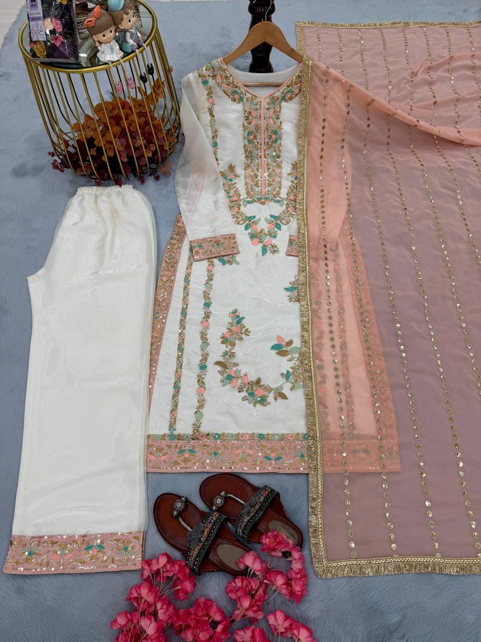 White  Embroidered Kurti Palazzo Set with Peach Dupatta for Women - Festive Wear Suit